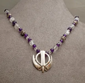 Silver amethyst clear quartz khanda / adi shakti necklace