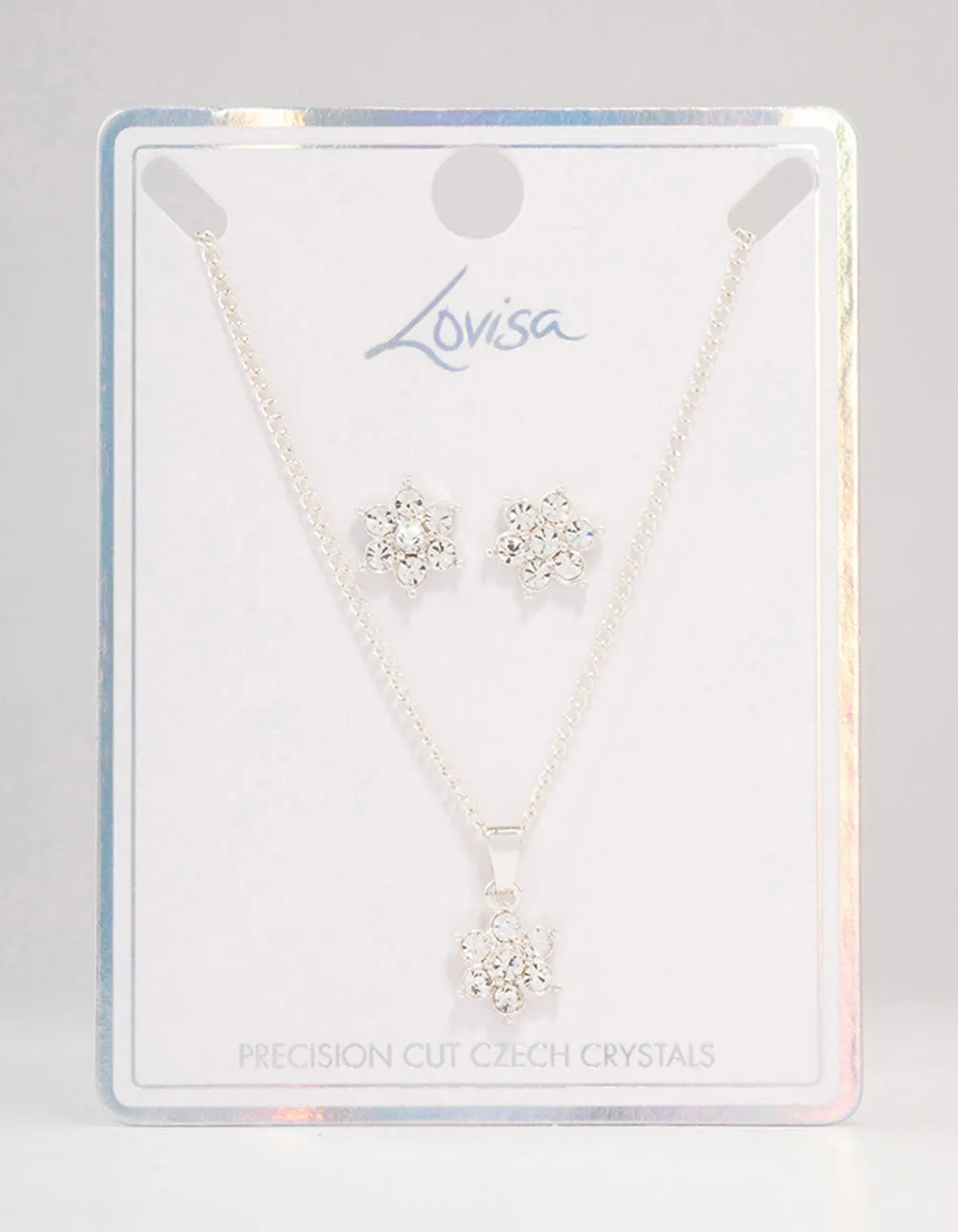 Silver Flower Czech Crystal Stud Earrings & Necklace Set