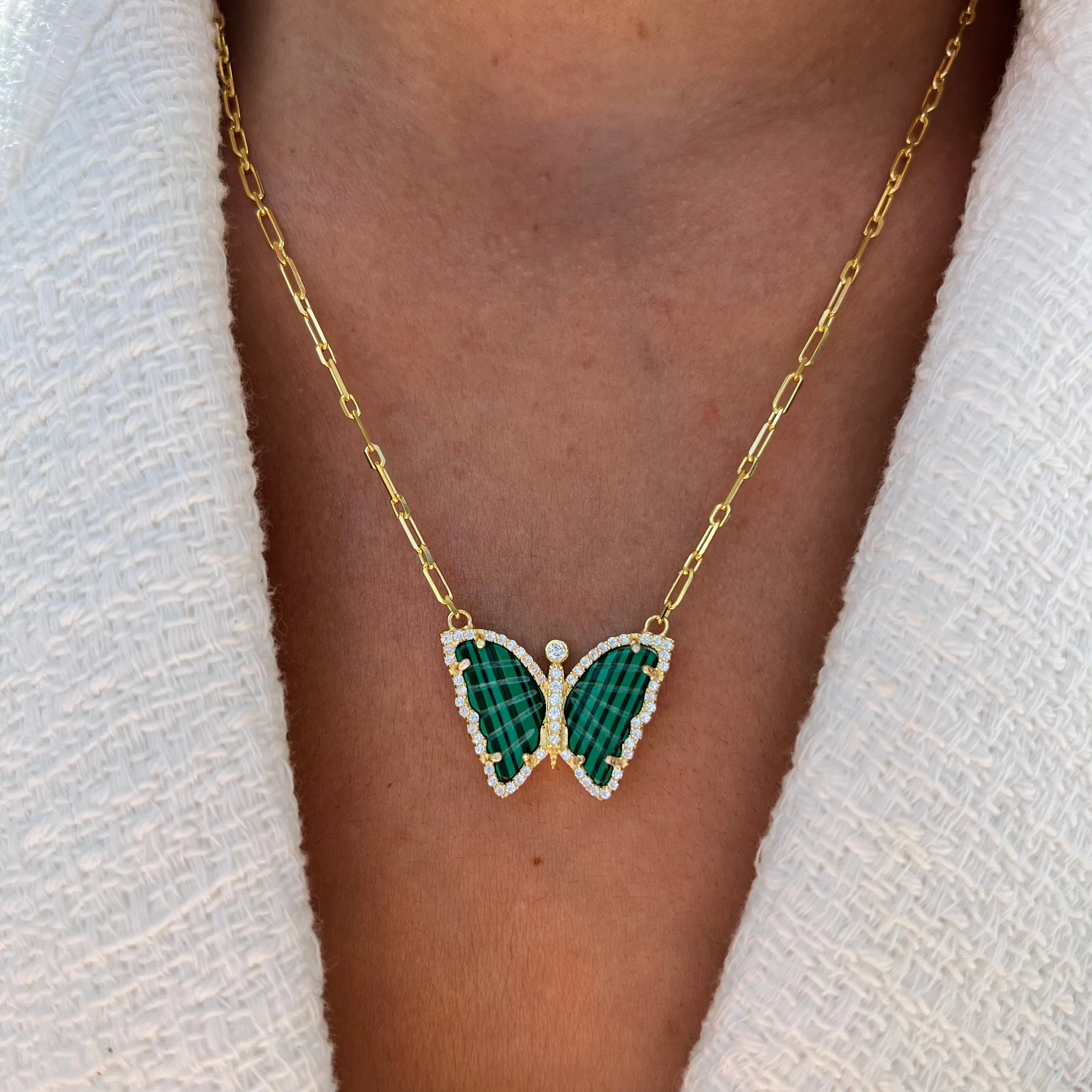 Silver gold plated malachite butterfly necklace