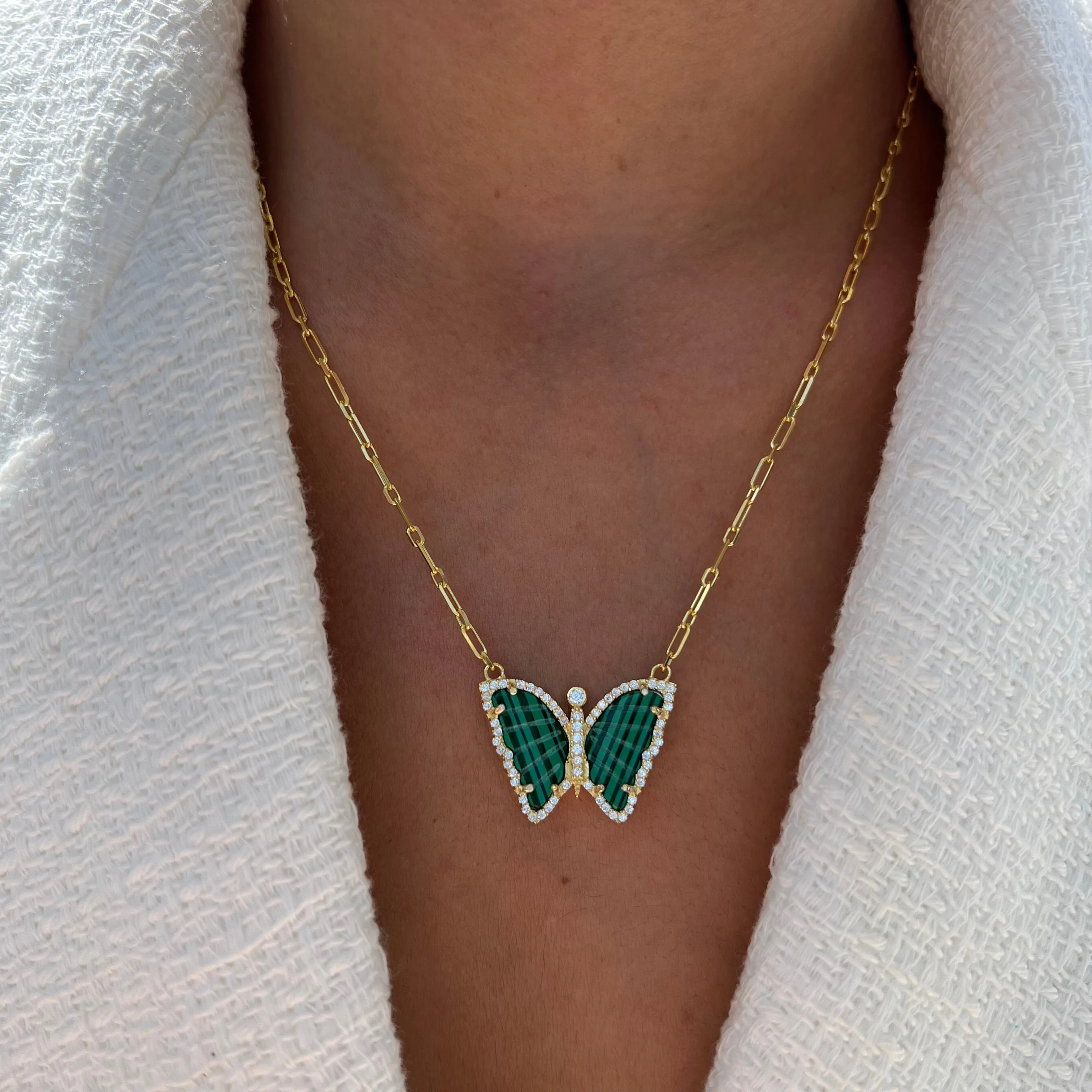Silver gold plated malachite butterfly necklace