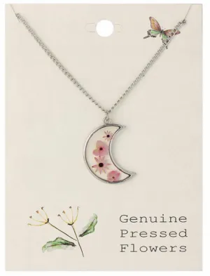 Silver Moon with Pink Dried Flower Necklace