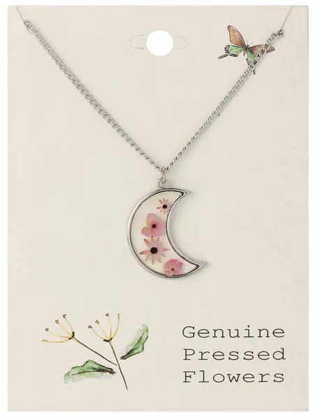 Silver Moon with Pink Dried Flower Necklace