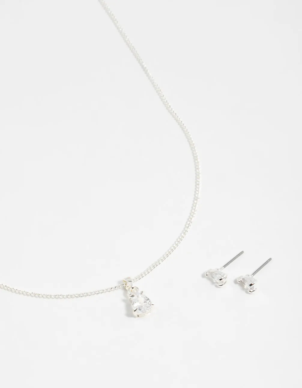 Silver Pear Diamante Necklace & Stud Earrings Set