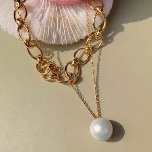 Simple Big Pearl   Big Chain 18K Gold Plated Stainless Steel Necklace Set