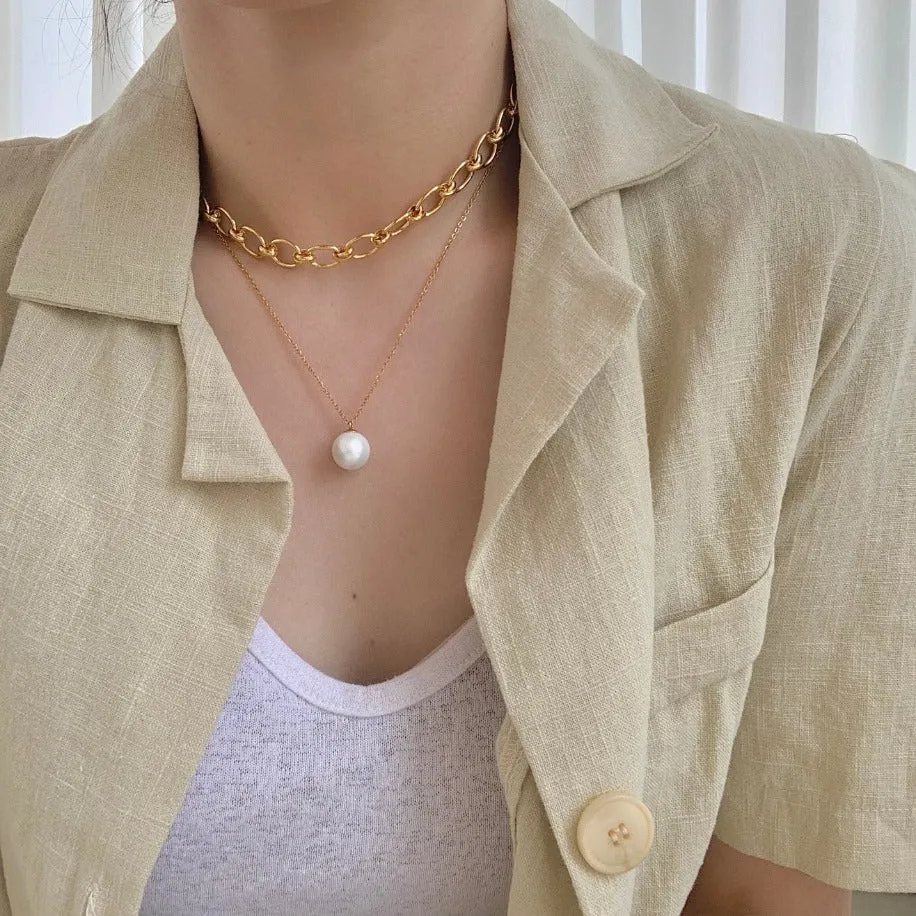 Simple Big Pearl   Big Chain 18K Gold Plated Stainless Steel Necklace Set