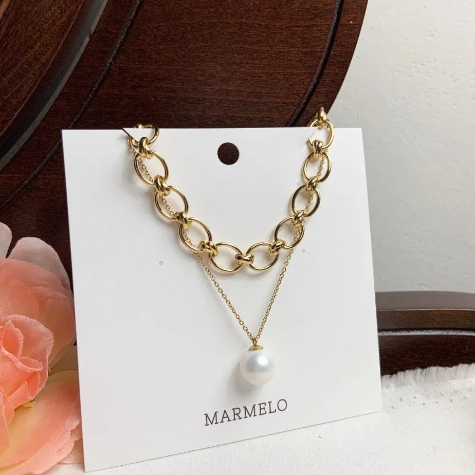 Simple Big Pearl   Big Chain 18K Gold Plated Stainless Steel Necklace Set