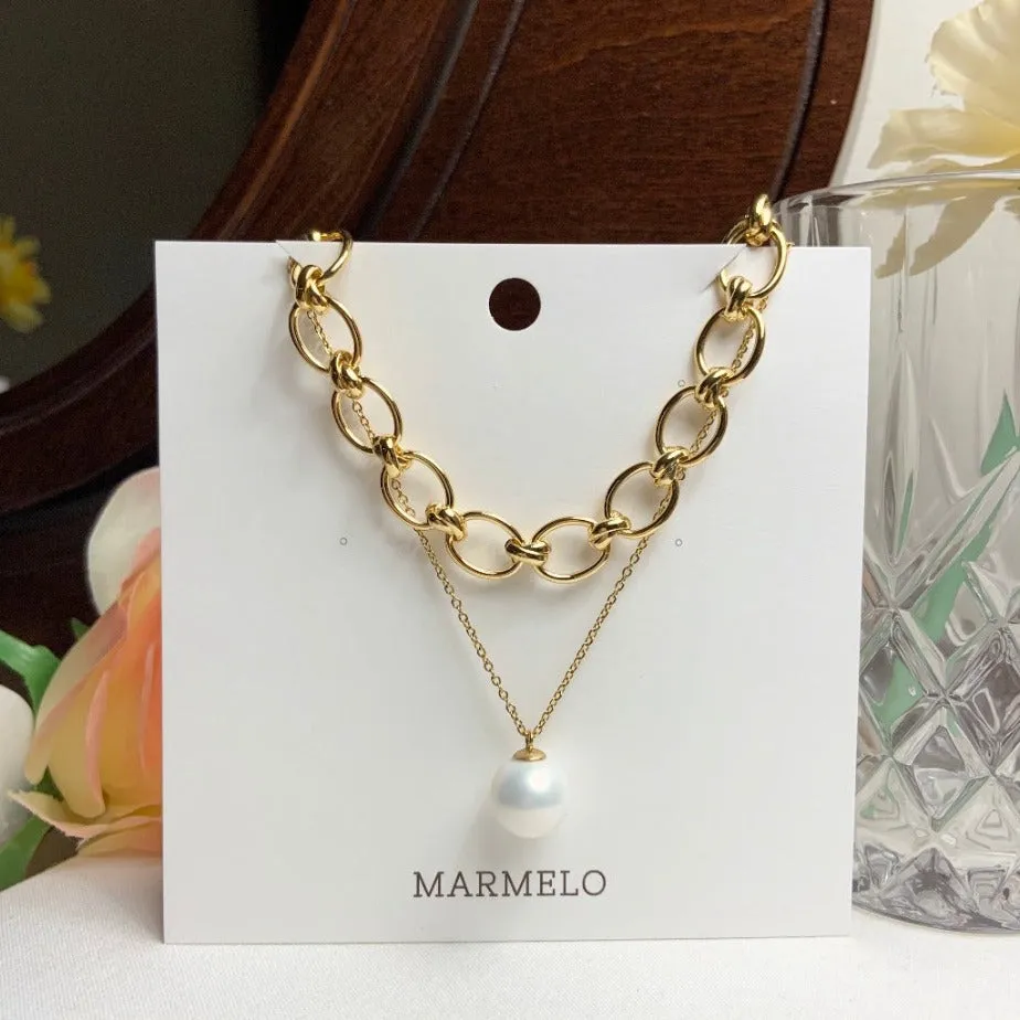 Simple Big Pearl   Big Chain 18K Gold Plated Stainless Steel Necklace Set