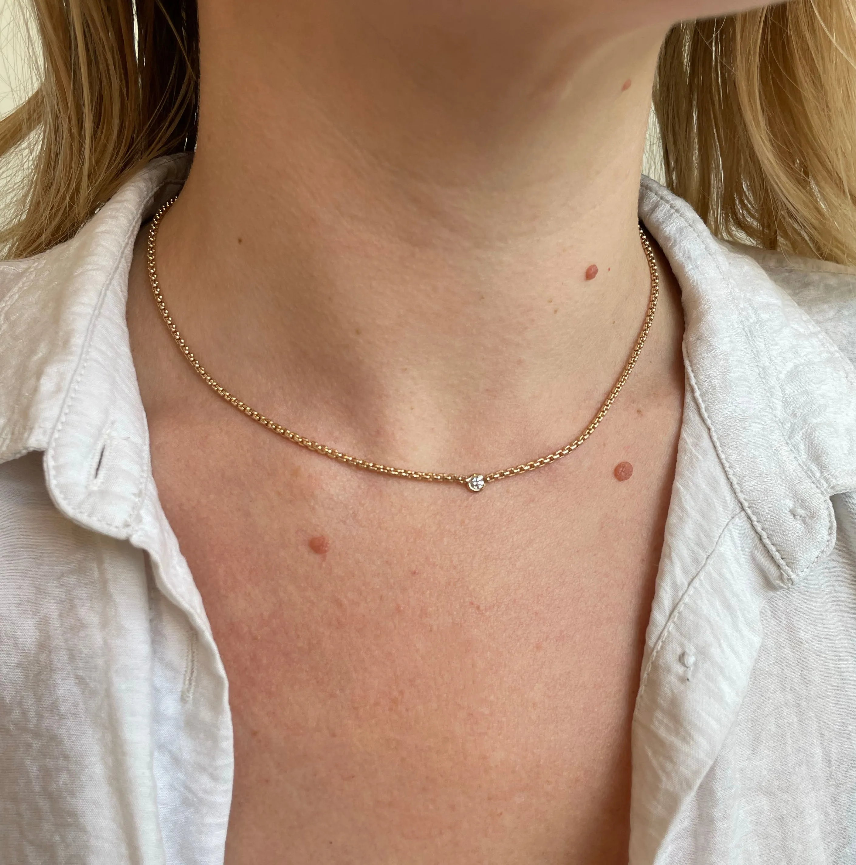 Small Box Chain with Bezel Set Round Brilliant Diamond Necklace