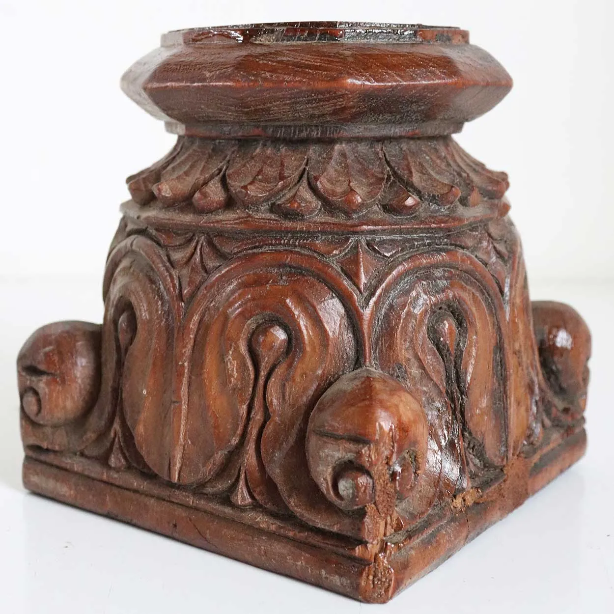 Small Indian Hand Carved Teak Square Column Capital