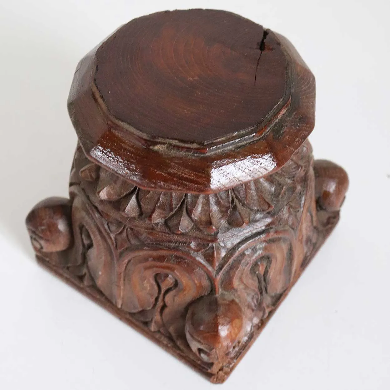 Small Indian Hand Carved Teak Square Column Capital