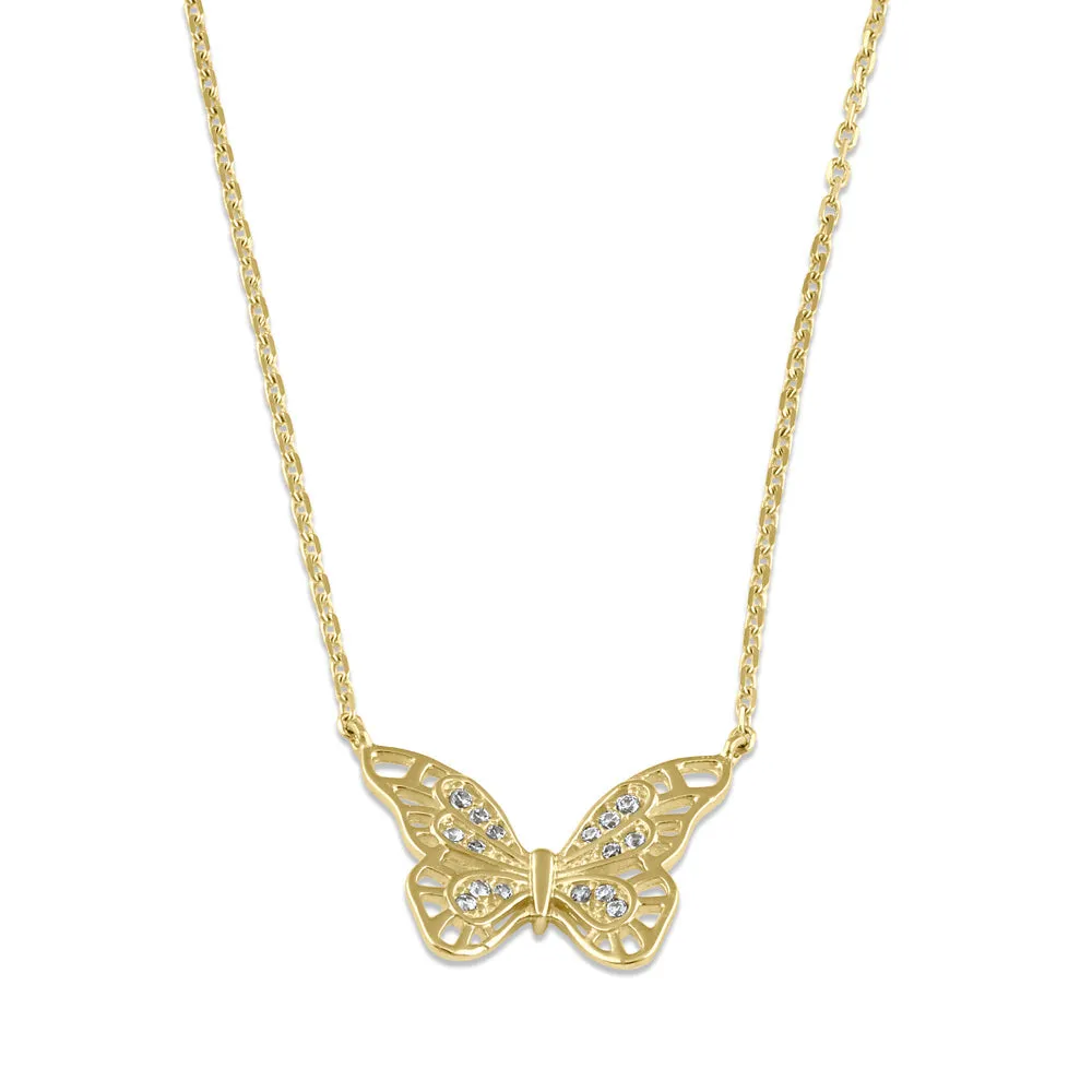 Solid 14K Gold Butterfly CZ Necklace