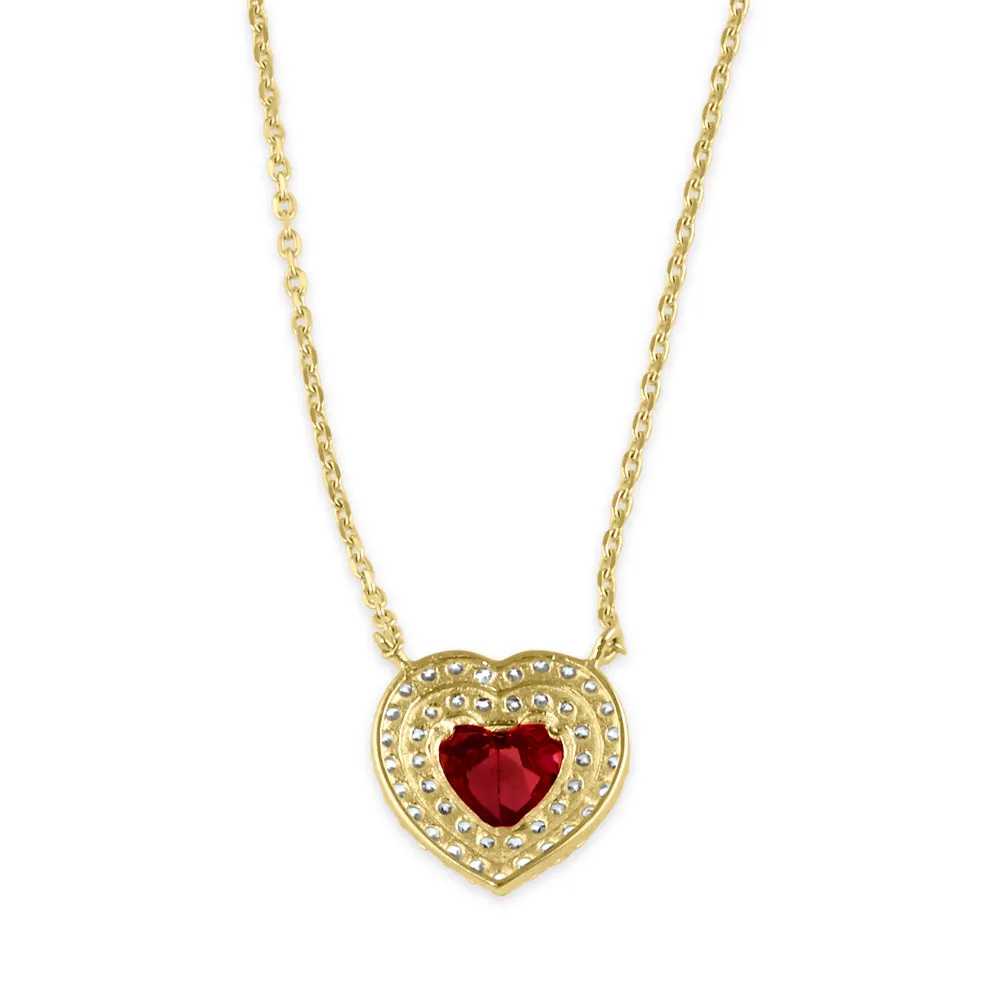 Solid 14K Gold Ruby Halo Heart CZ Necklace