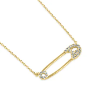 Solid 14K Gold Safety Pin CZ Necklace