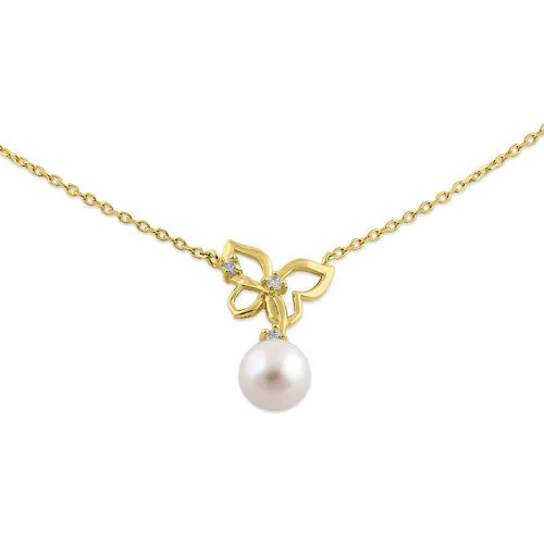 Solid 14K Yellow Gold Butterfly Pearl Diamond Necklace