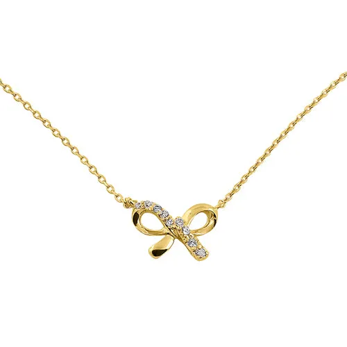 Solid 14K Yellow Gold Classic Bow CZ Necklace