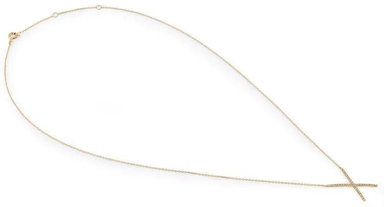 Solid 14K Yellow Gold CZ X Necklace