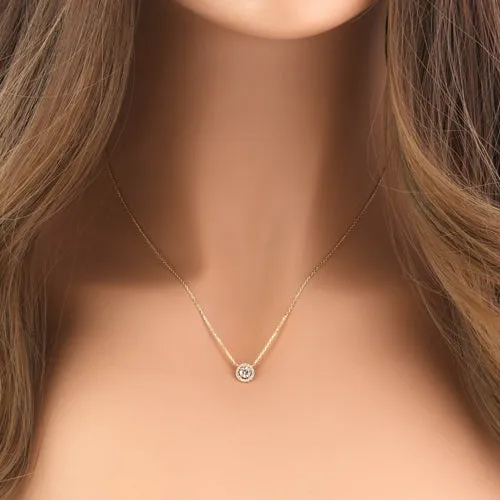 Solid 14K Yellow Gold Round Halo CZ Necklace