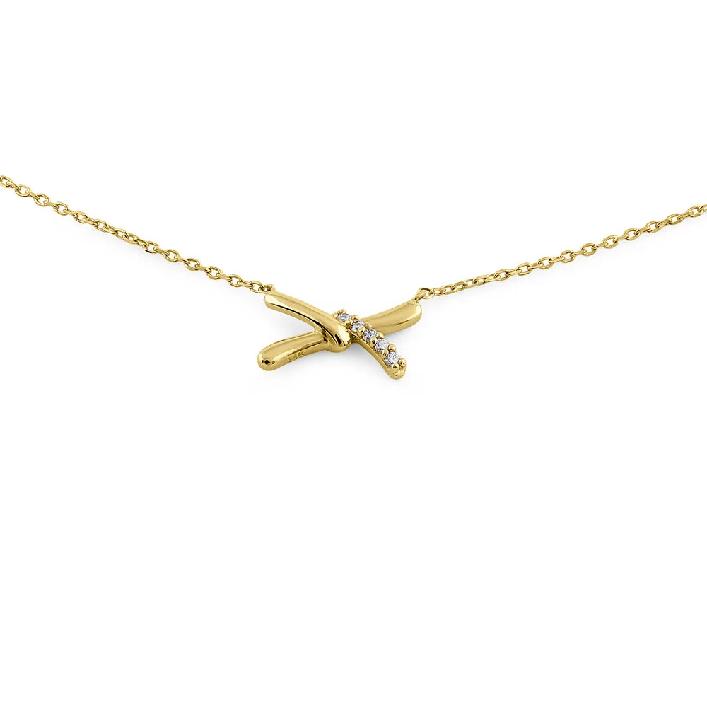 Solid 14K Yellow Gold X Shaped Knot Diamond Necklace