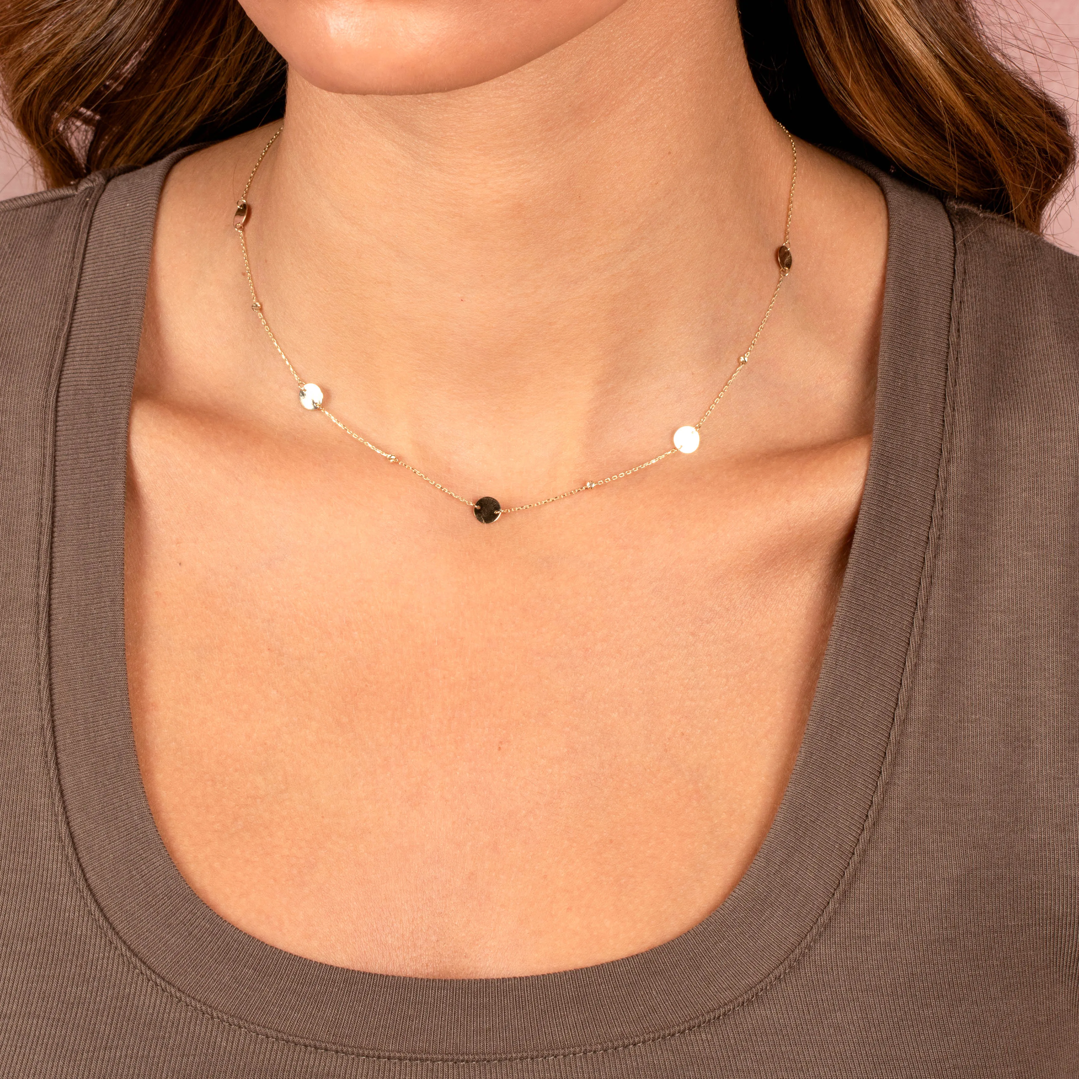 Solid Embedded Discs Beaded Chain Necklace 14K