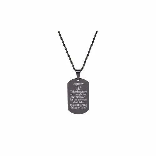 Solid Stainless Steel Men's Scripture Tag Necklace - Matthew 6:34