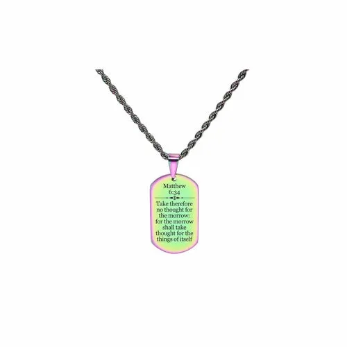 Solid Stainless Steel Men's Scripture Tag Necklace - Matthew 6:34