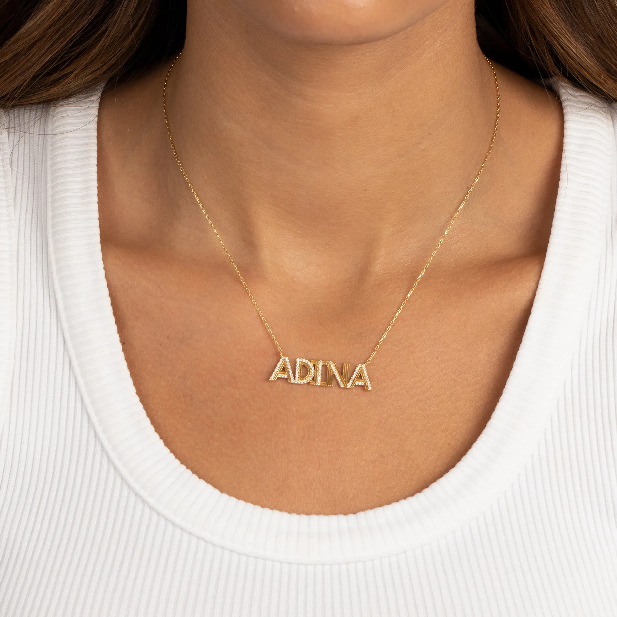 Solid/Pave Uppercase Block Name Necklace