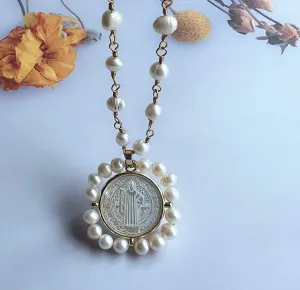 St. Benedict Medallion Pearl Necklace | Erika Williner Designs