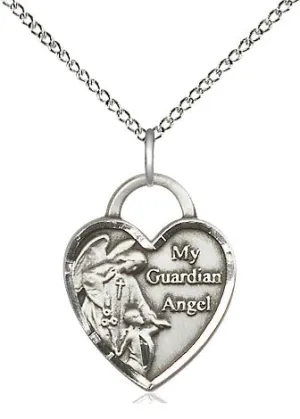 Sterling Silver Guardian Angel Heart Pendant on a 18 inch Sterling Silver Light Curb Chain.