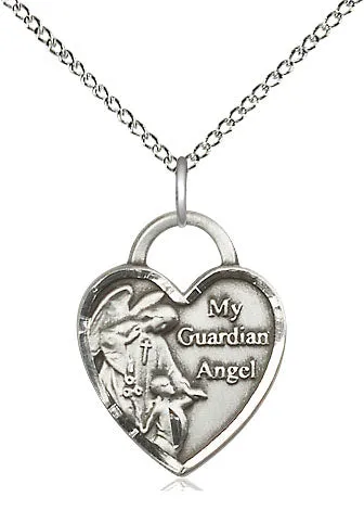 Sterling Silver Guardian Angel Heart Pendant on a 18 inch Sterling Silver Light Curb Chain.