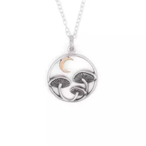 Sterling Silver Mushroom Necklace with Bronze Moon
