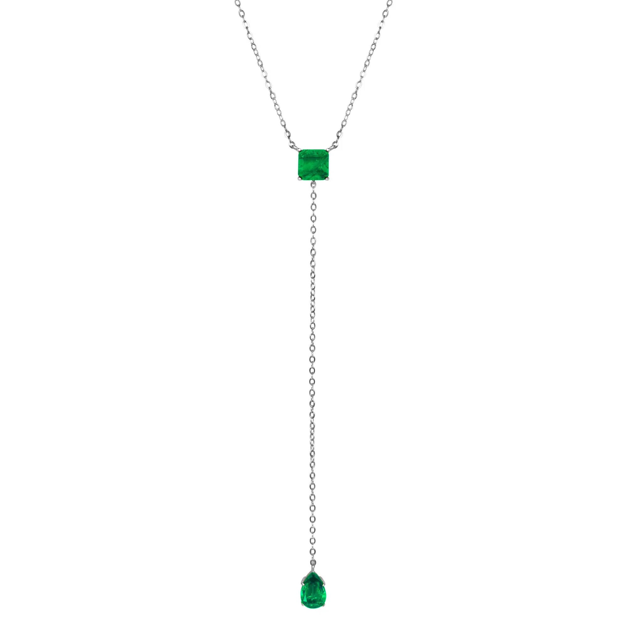 Sterling silver square & pear emerald lariat necklace