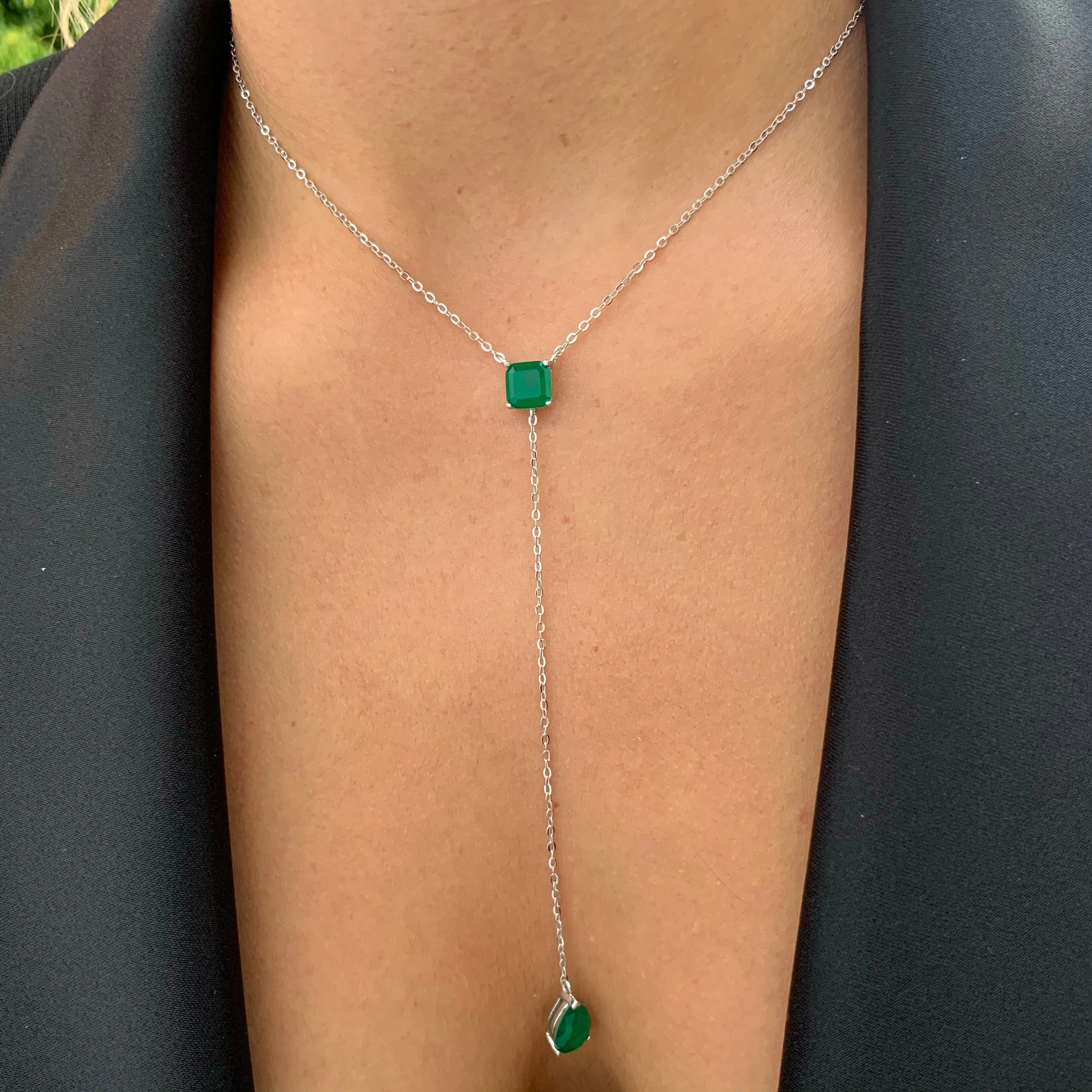 Sterling silver square & pear emerald lariat necklace