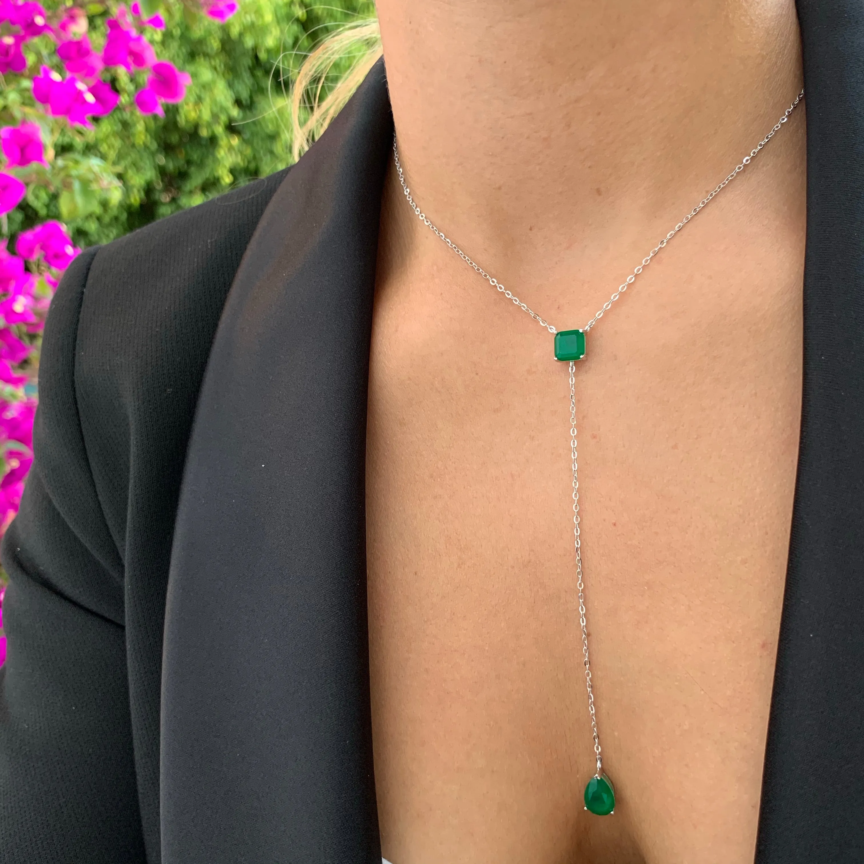 Sterling silver square & pear emerald lariat necklace