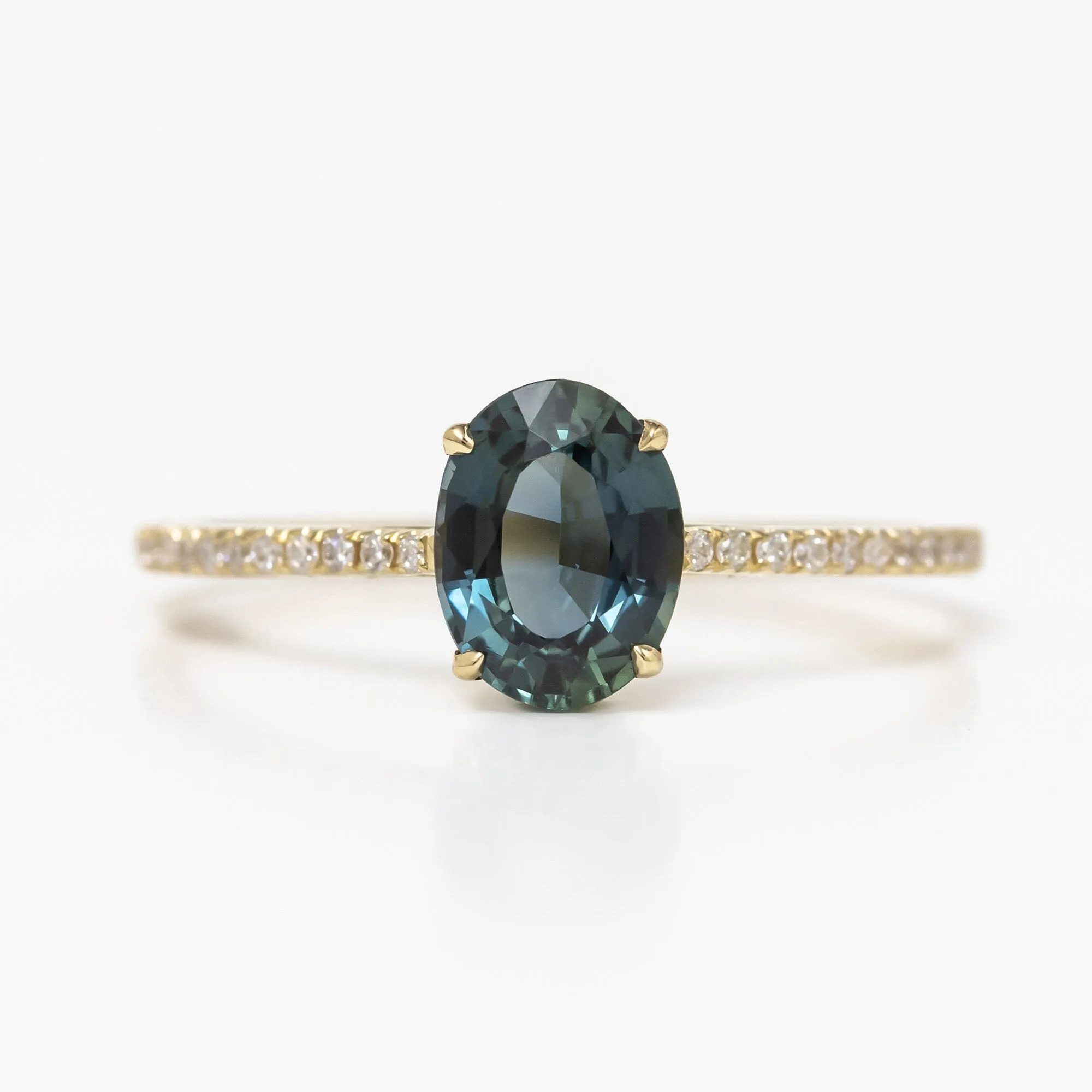 Teal Blue Green Oval Sapphire With Claw Prongs And French Pave Diamond Engagement Ring 