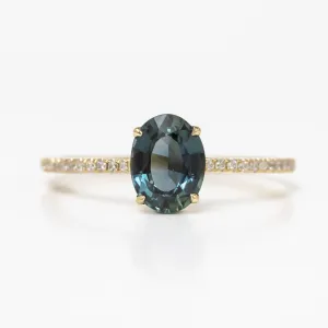 Teal Blue Green Oval Sapphire With Claw Prongs And French Pave Diamond Engagement Ring 
