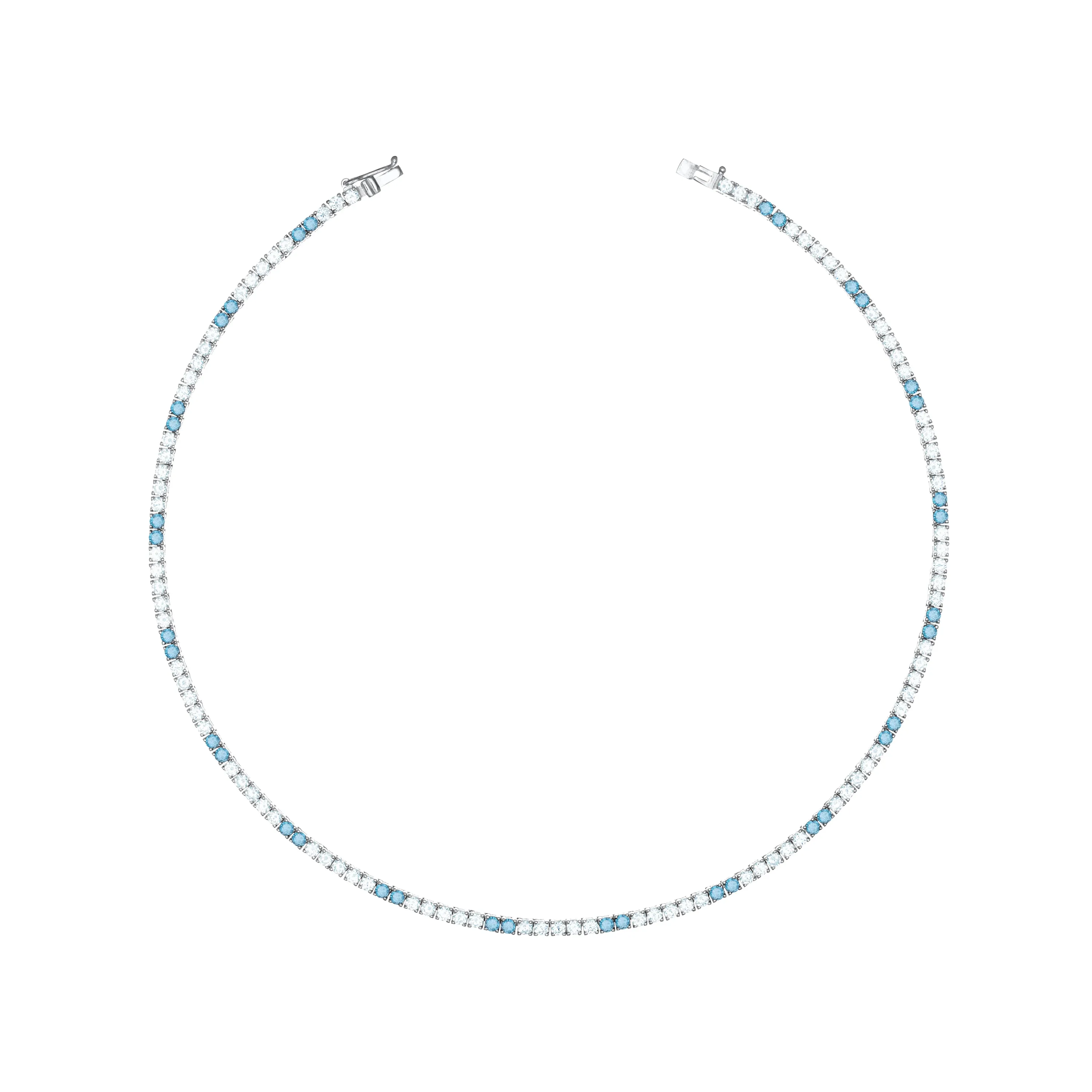 Tennis Necklace With Box Clasp - Two Dots Aquamarine And White