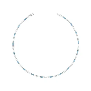 Tennis Necklace With Box Clasp - Two Dots Aquamarine And White