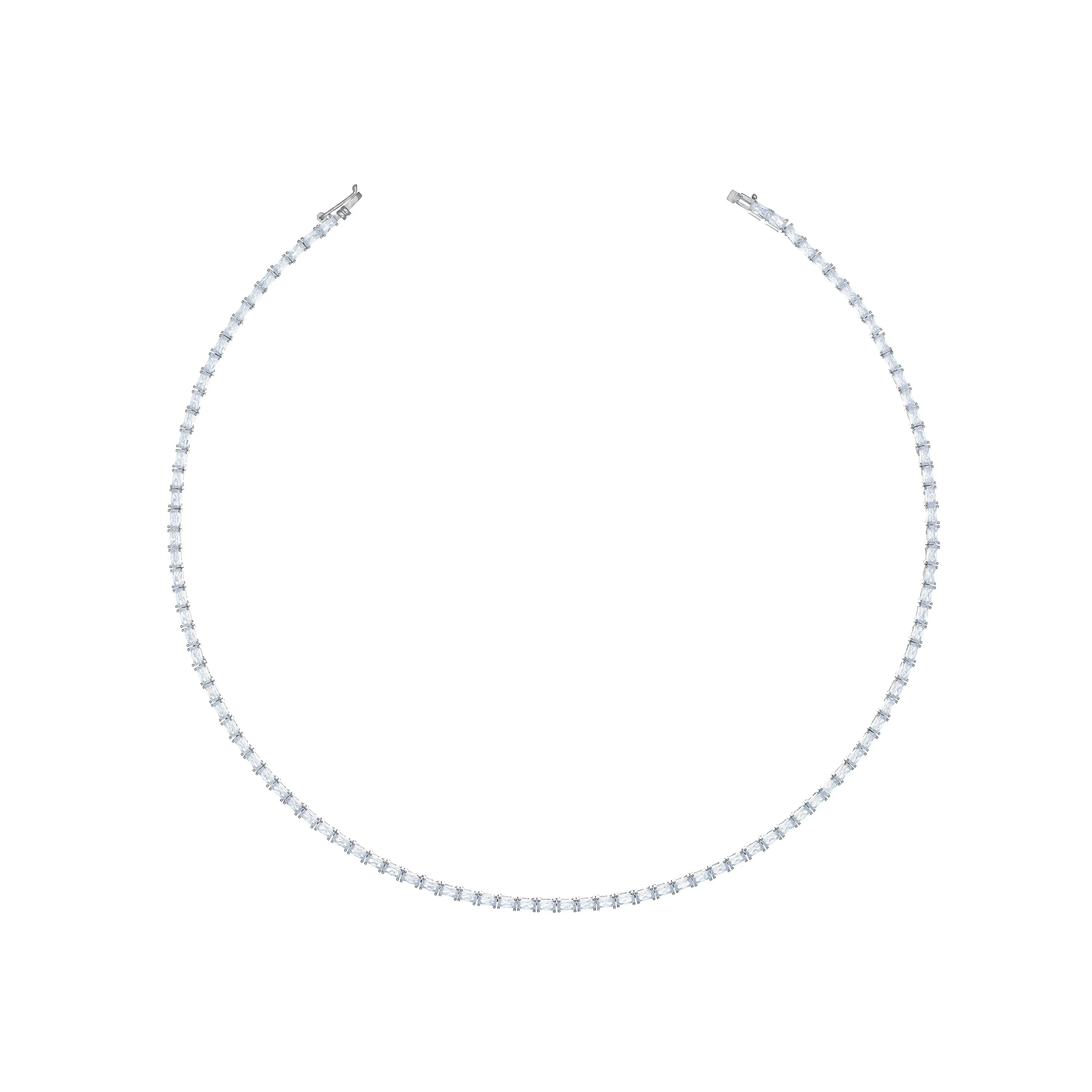 Thin Baguette Tennis Necklace With Box Clasp