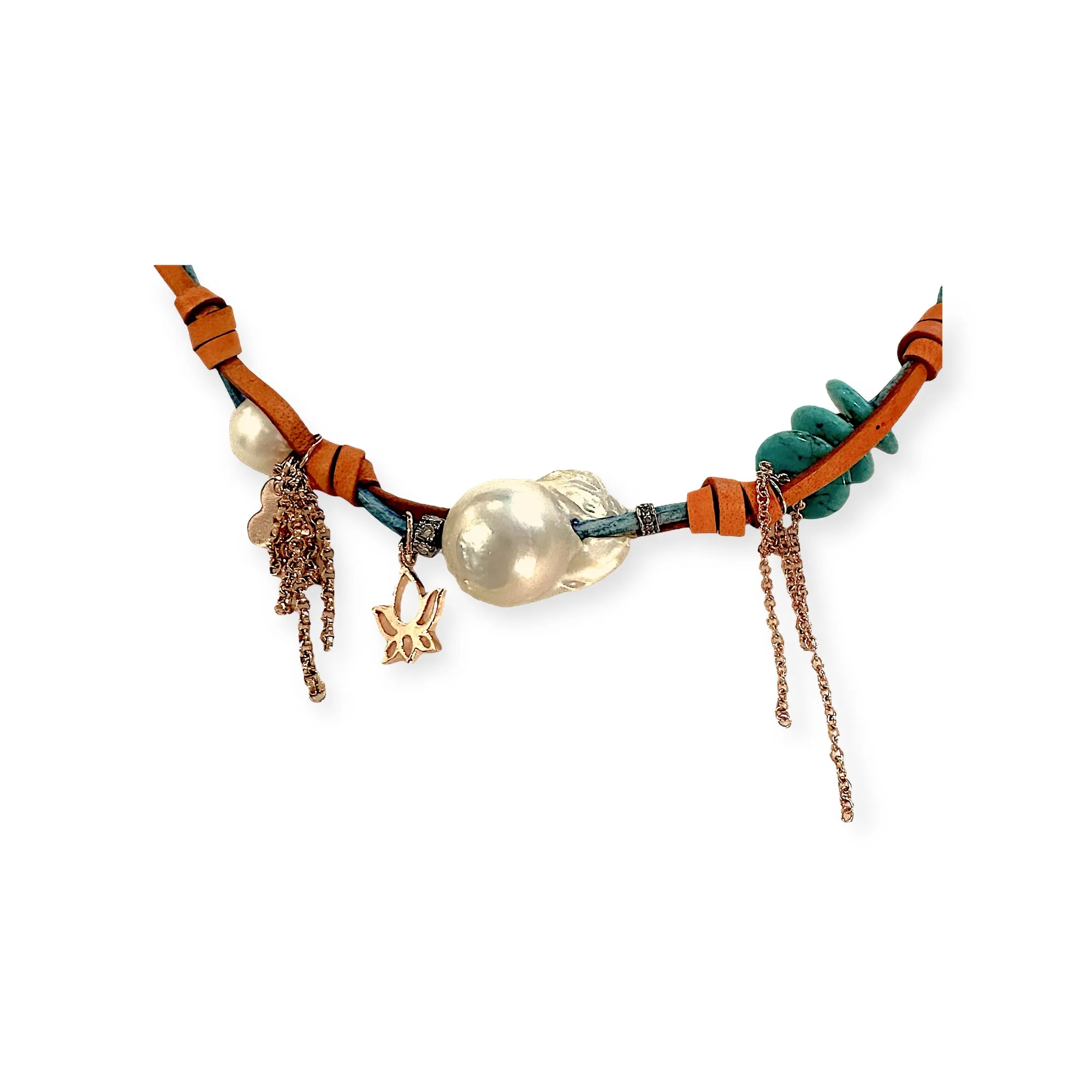 TROPICAL DESERT GARDEN DIAMOND BAROQUE PEARL TURQUOISE ROSE GOLD ROCKER NECKLACE