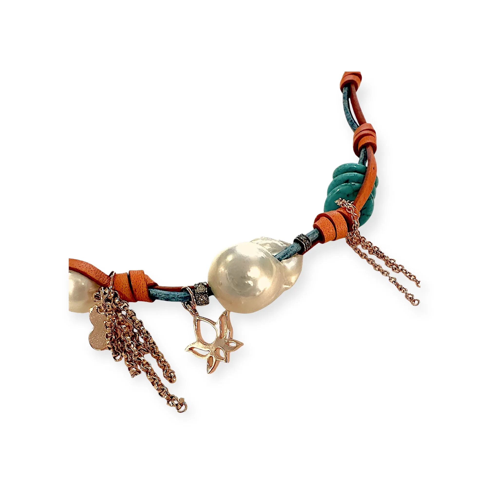 TROPICAL DESERT GARDEN DIAMOND BAROQUE PEARL TURQUOISE ROSE GOLD ROCKER NECKLACE