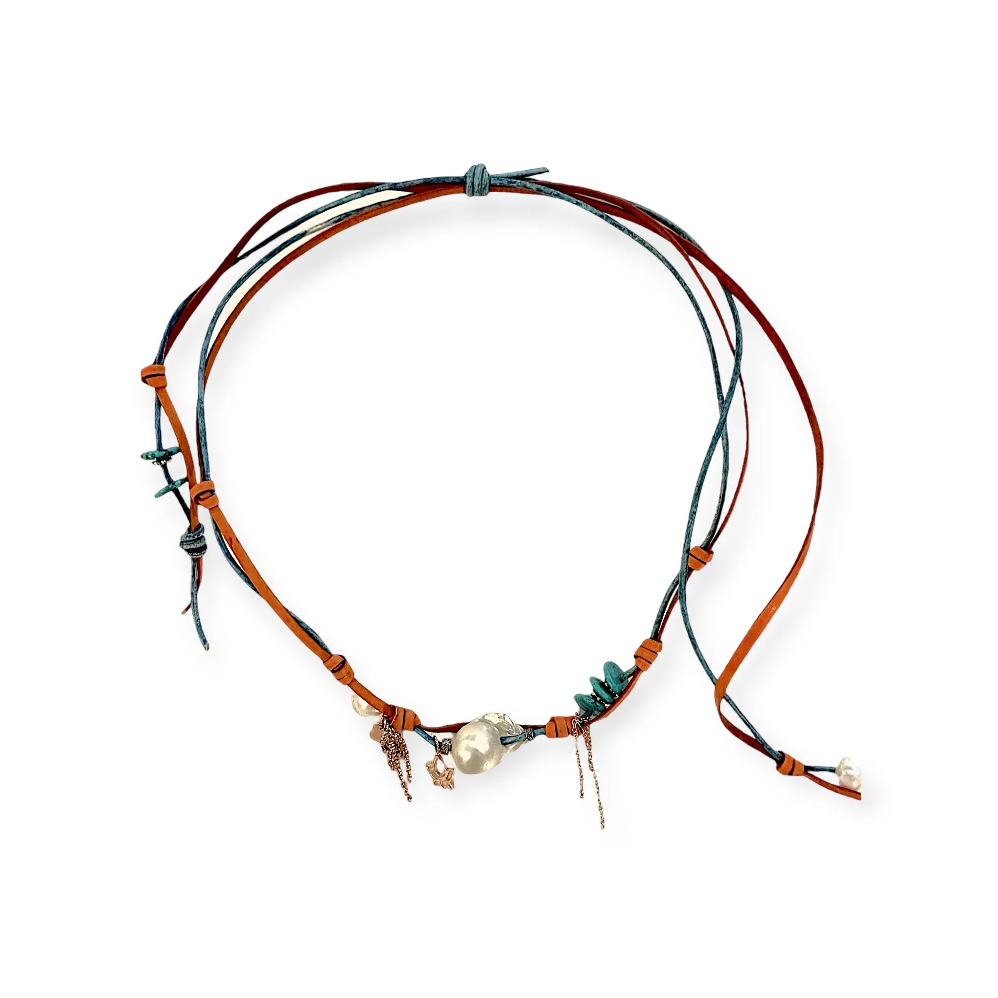 TROPICAL DESERT GARDEN DIAMOND BAROQUE PEARL TURQUOISE ROSE GOLD ROCKER NECKLACE