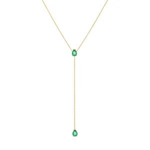 Two Teardrops Lariat Necklace - Gold Green Matt
