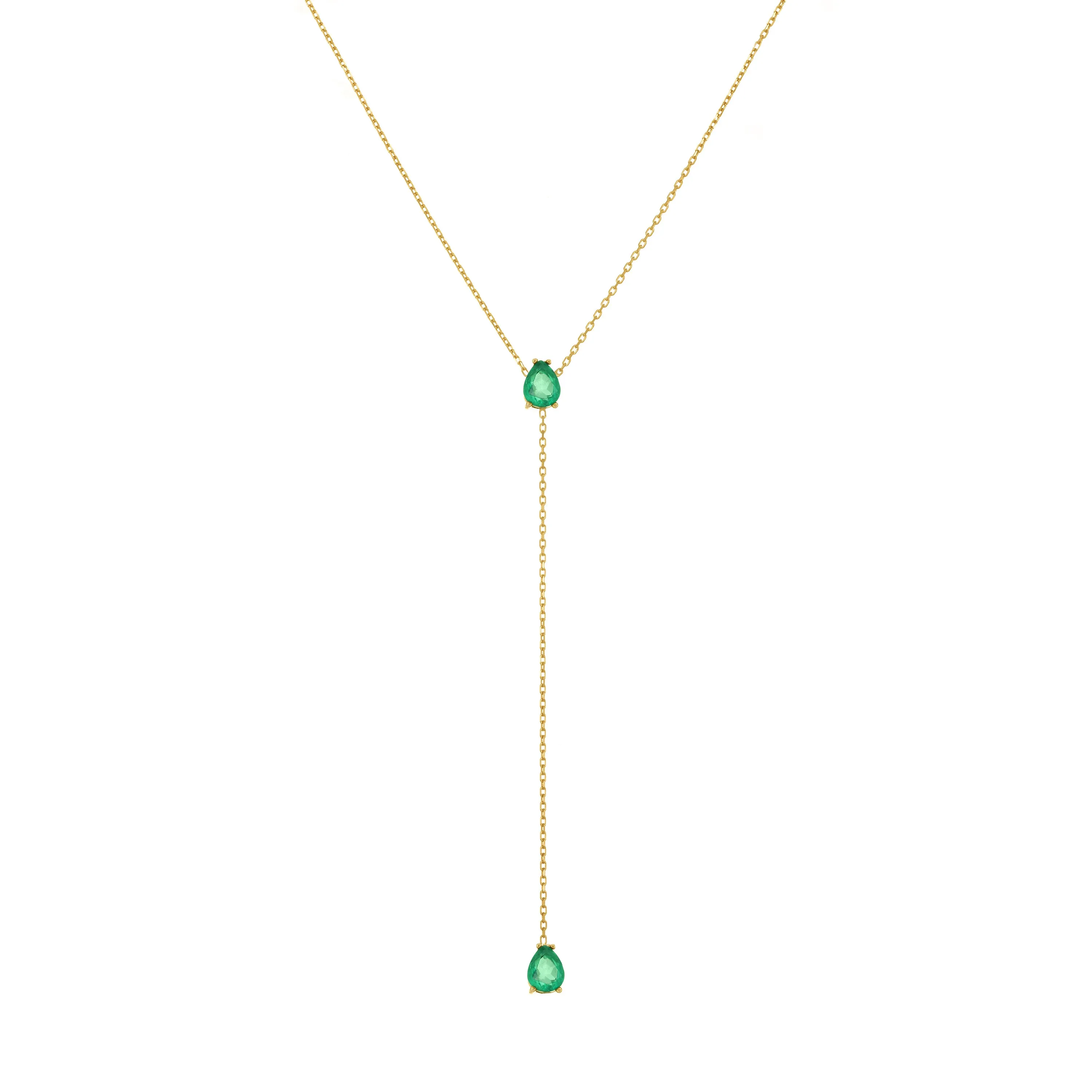 Two Teardrops Lariat Necklace - Gold Green Matt