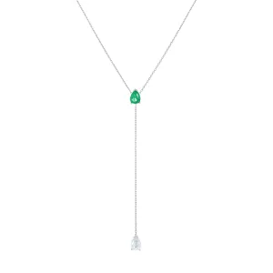 Two Teardrops Lariat Necklace - Silver Green Matt And White