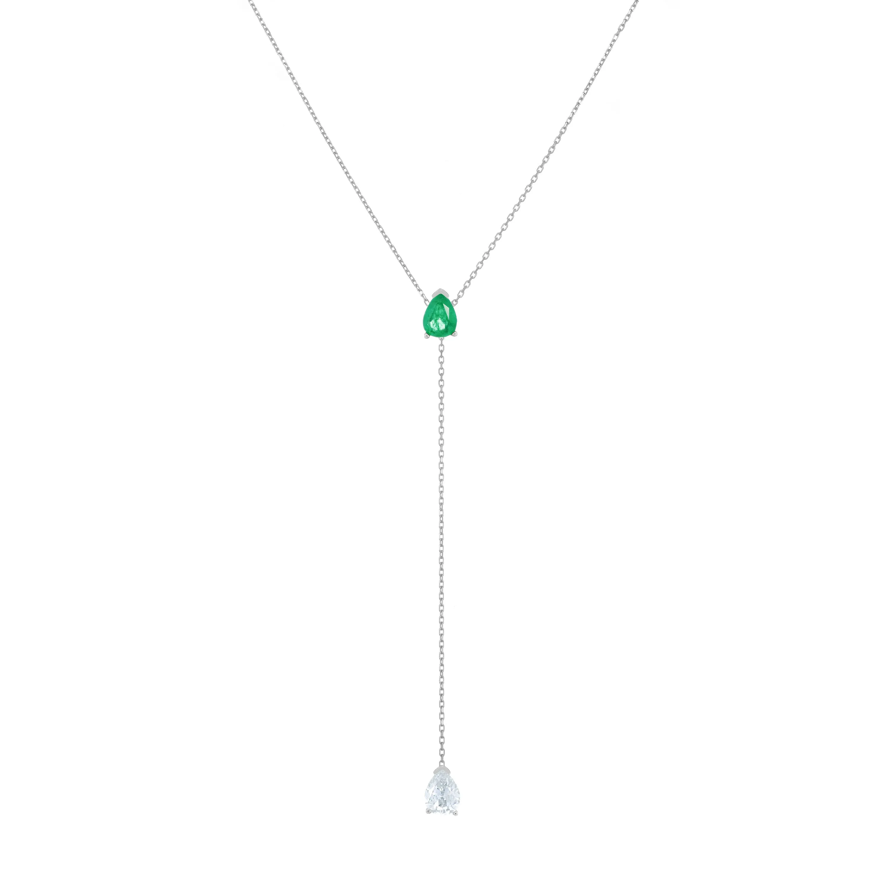 Two Teardrops Lariat Necklace - Silver Green Matt And White