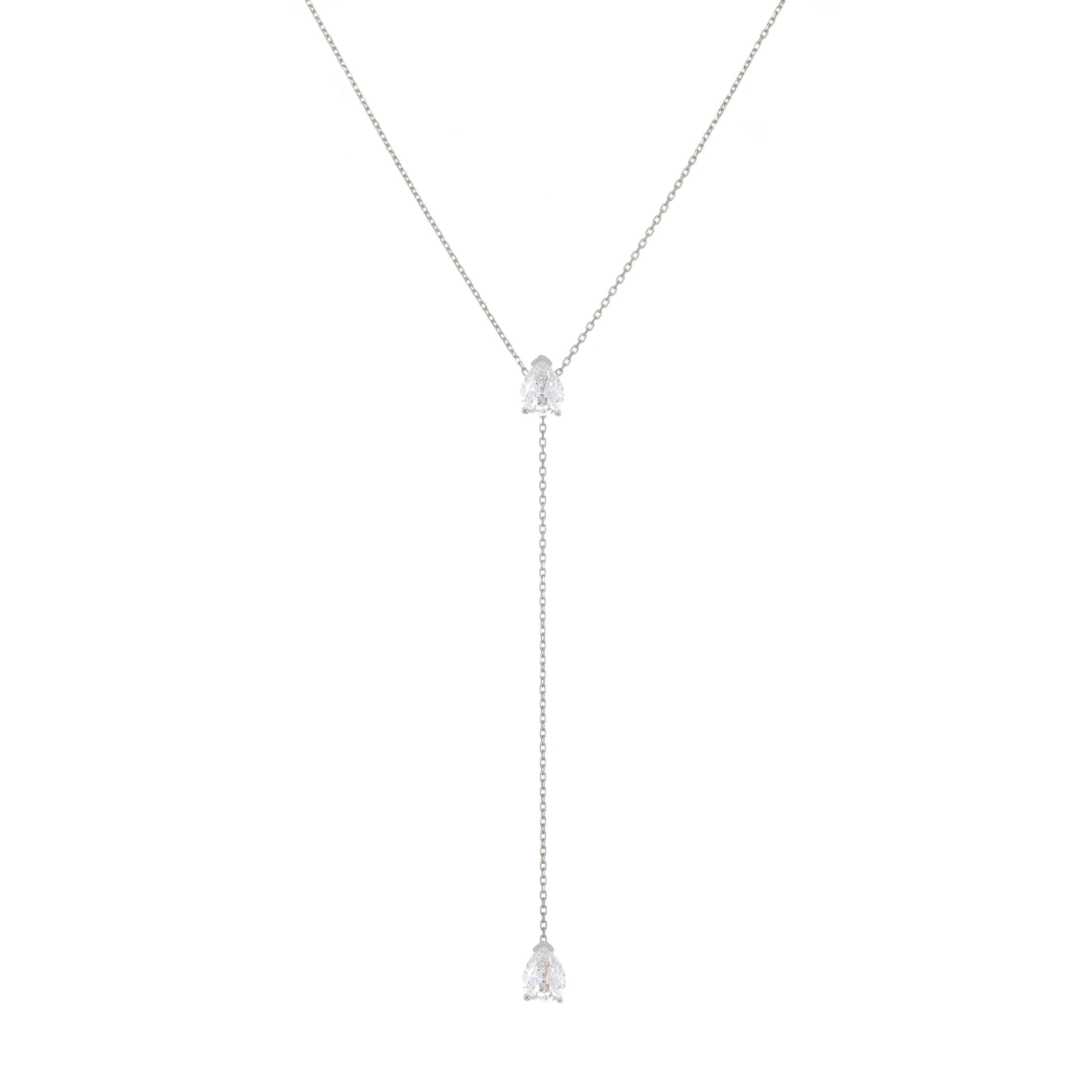 Two Teardrops Lariat Necklace - Silver White