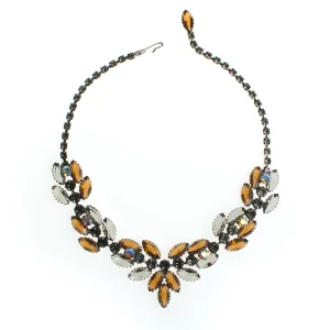 Vintage Juliana Rhinestone Necklace, Brown Rhinestones, Smoky Gray Rhinestones, Iridescent Rhinestones, Silver Tone, Fish Hook Clasp