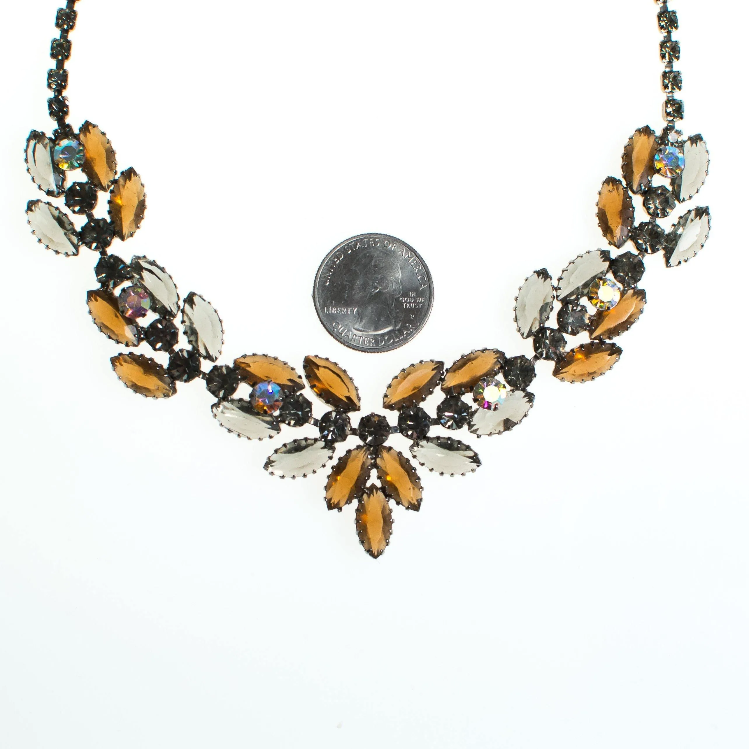 Vintage Juliana Rhinestone Necklace, Brown Rhinestones, Smoky Gray Rhinestones, Iridescent Rhinestones, Silver Tone, Fish Hook Clasp