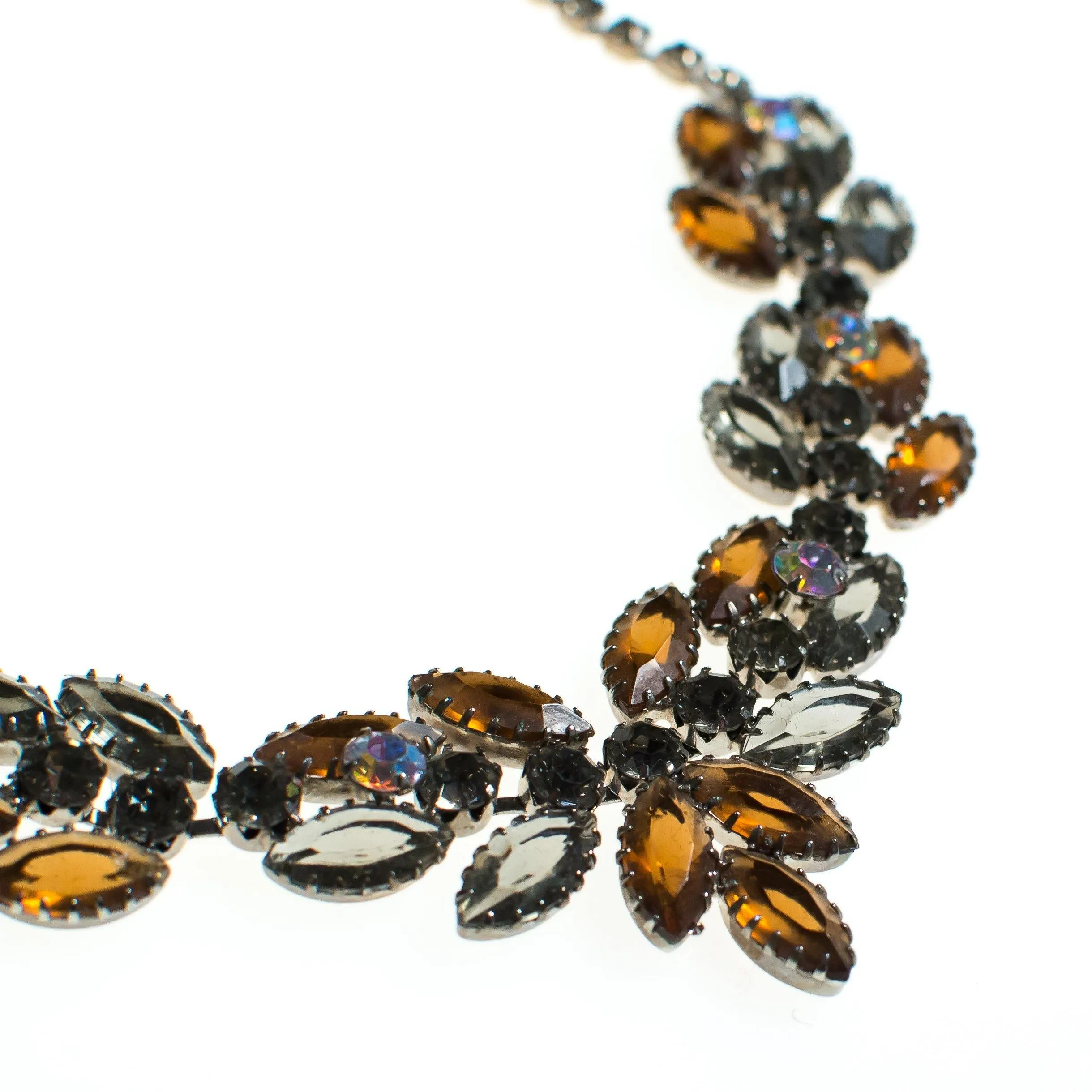 Vintage Juliana Rhinestone Necklace, Brown Rhinestones, Smoky Gray Rhinestones, Iridescent Rhinestones, Silver Tone, Fish Hook Clasp