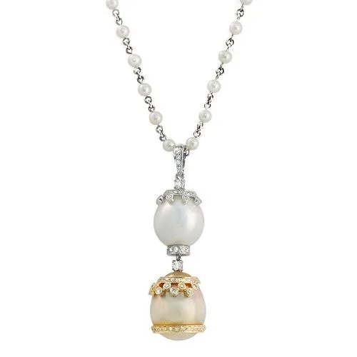 White & Golden Pearls Diamond Pendant Necklace, 18k Gold